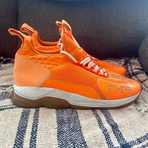 VERSACE MENS NEON ORANGE CHAIN REACTION SNEAKERS - Size 46 - $995 - Picture 4 of 14